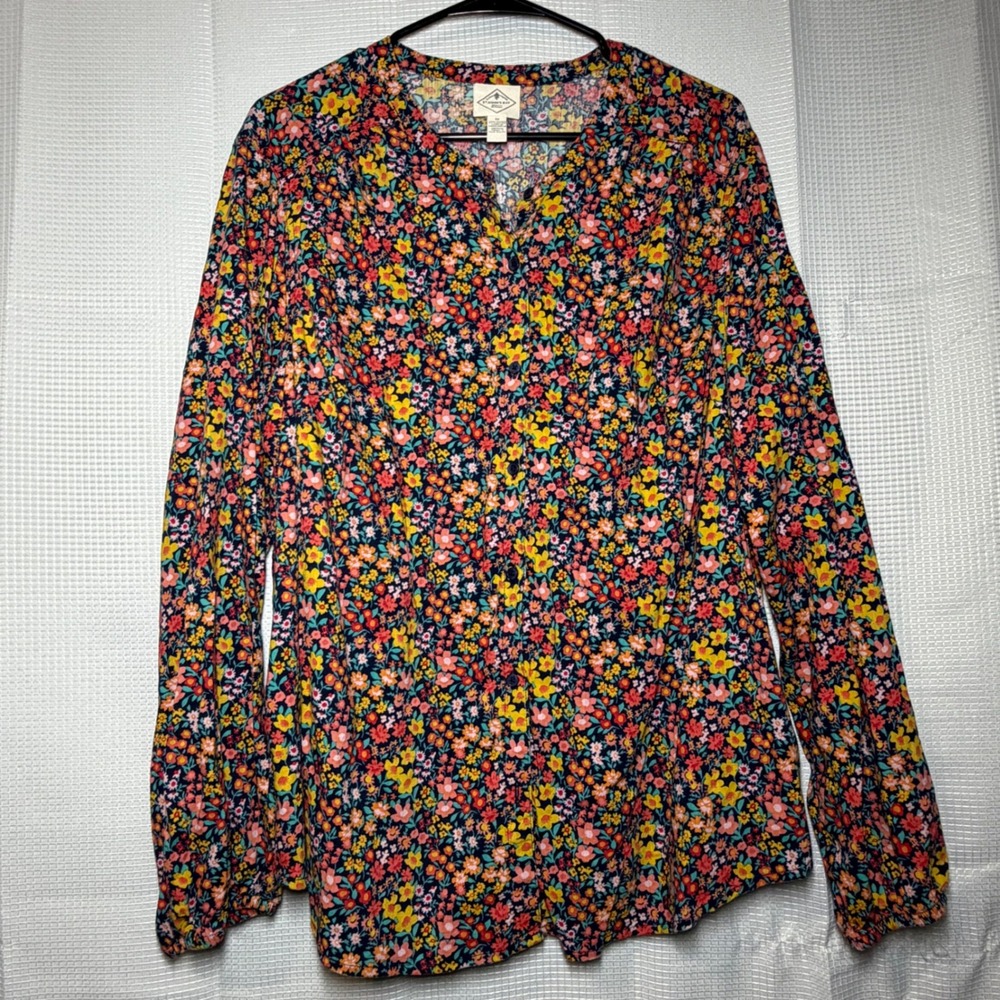 St. John's Bay Button Front Top 1X Multicolor Floral Long Sleeve Blouse